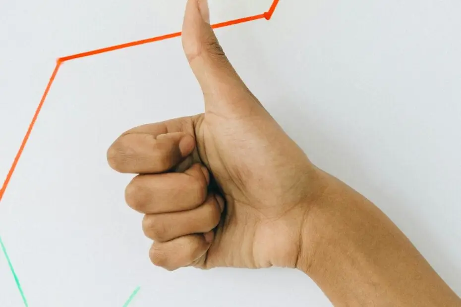 A hand giving a thumbs up in front of a profit growth chart, highlighting success.